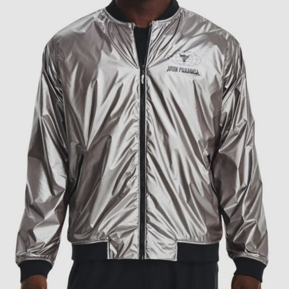 Under Armour Project Rock Men's Iron Paradise Silver Disrupt Bomber Jacket 3XL - Picture 2 of 10